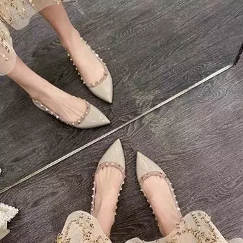 New spring and summer nude rivet flat shoes pointed light mouth shoes leather soft sole low heel single shoes women 35 абрикосовый