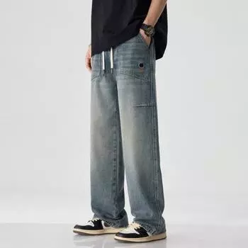New Spring and Summer Retro American Jeans Loose Straight Draped Wide-leg Trousers Men M синий