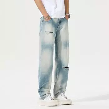 New Spring and Summer Retro Light Blue Ripped American High Street Super Soft Fit Straight Jeans 28