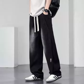 New Spring and Summer Scimitar Jeans Men s American High Street Straight Pants Large Size Men M чёрный