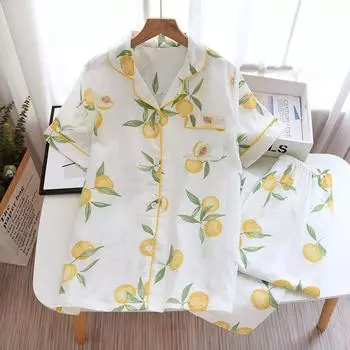 Новый весенне-летний комплект из 2 предметов пижамы с короткими рукавами из 100% хлопковой марли с рисунком цветов для дома M