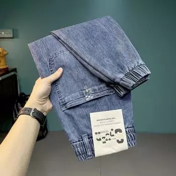 New Spring and Summer Style Men s Jeans Elastic Waist Embroidered Handsome Men s Jeans 28 синий