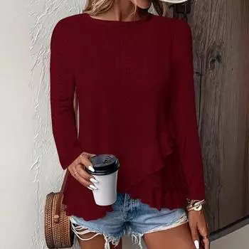 New Spring and Summer Women s Fashion and Casual Solid-color Long-sleeved Round-neck T-shirts S белый