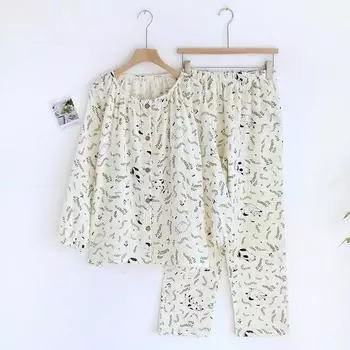 Новый весенне-летний женский пижамный комплект из 100% хлопкового крепа с круглым вырезом и длинными рукавами, брюки, комплект из двух предметов, милый и свежий для дома M