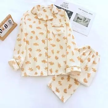 Новый весенне-летний женский пижамный комплект из 100% хлопкового крепа с длинными рукавами, тонкий милый кардиган с рисунком, домашний комплект из двух предметов M