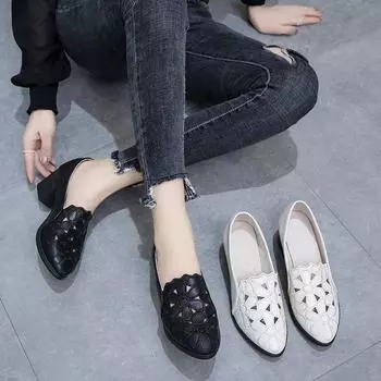 New spring and summer women s shoes European and American fashion thick heel single shoes embroidered holes Korean version fashion mother h 35 чёрный