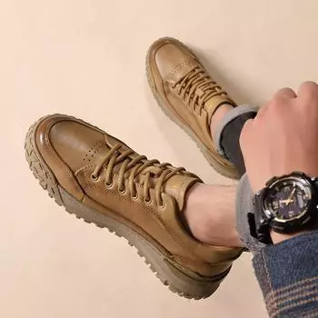 New Spring Autumn Men s First Layer Cowhide Casual Board Shoes with Thick Soles Genuine Leather Casual Fashion Man Sneakers Shoe 38 чёрный