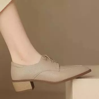 Новые весенне-осенние женские туфли-лоферы из овечьей кожи с острым носком и толстым каблуком для комфорта, женские туфли-лодочки Zaptos Mujer 35 бежевый