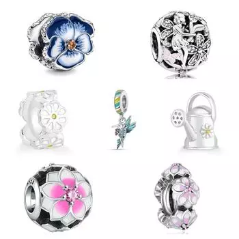 New Spring Blue Flower Bird Pendant Diy Bead Fit European Bracelet 925 Sterling Silver Jewelry Accessories