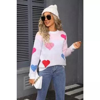 New Spring Collection: Heart-shaped Valentine s Day Mini Heart-shaped Sweater, Round-neck Knitted Pullover Sweater for Women S белый