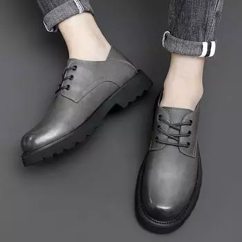 New Spring Men s Fashionable Thick Soled Outdoor Work Clothes and Casual Shoes Brand Lace Up Comfortable Large Toe Leather Shoes 38 серый