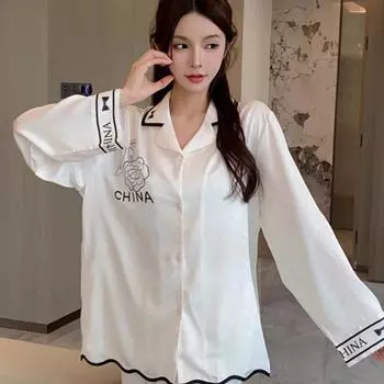 New Spring Pajamas Summer Women s Spring and Autumn Silk Summer Women s Ice Silk Long Sleeve Home Clothes Suit M белый