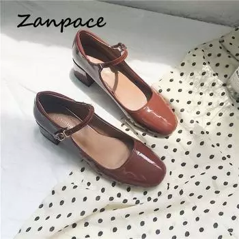 New Spring Shallow Shoes for Women 2024 Casual Thick Heeled Leather Women s Shoes Mary Janes Black Buckle Strap PU Flats Shoes 35 коричневый