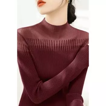 New Spring Slim fit Long sleeve Simple Knit Half-high Collar Fashion Mesh Lace Stitching Inner wear Base Women clothes Ankoala Red XL([Recommended 60.00 kg-65.00 kg]])