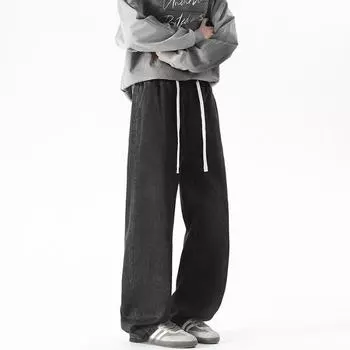 New Spring Style Full Elastic Drawstring Waist-headed Lysel Jeans Men s High Street Wide-leg Floor Pants M