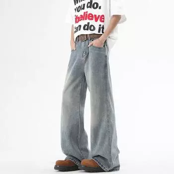 New Spring Style Micro-flare Men s Jeans Floor Pants Semi-elastic American High Street Trousers M синий