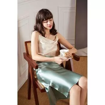 New Spring/Summer New Arrival Japanese Luxury Bright Feeling Satin Silky Acetate Skirt Side Slit Mid Length Long Length Sheath Women Light green((Unilateral Split)) M