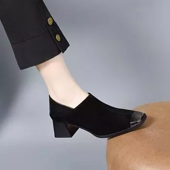 New spring temperament women s shoes square head thick heel high heels iron bag head one shoe two wear deep mouth single shoes 34