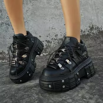 Новые весенние женские ботильоны в панк-стиле для женщин, на шнуровке, с круглым носком, на толстой подошве-платформе, ботильоны для женщин, черные мужские кроссовки 36