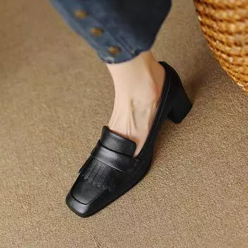Новые весенние женские туфли из спилка женские туфли-лодочки с квадратным носком толстый каблук ретро женские туфли на высоком каблуке кисточки неглубокие туфли 40 чёрный