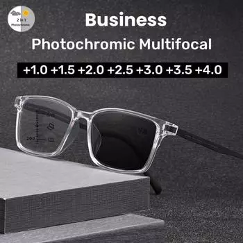 New Square Business Photochromic Multifocal Presbyopia Glasses Blue Light Blocking Eye Protection Ultra Light Unisex Glasses +350 чёрный