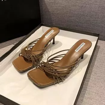 New square head crossed thin strap high heel cool slippers femininity thin heel open toe slippers outer wear 35