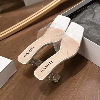 New square head crystal thick heel transparent sexy high heels temperament versatile simple one-word slippers women s summer outer wear year 35