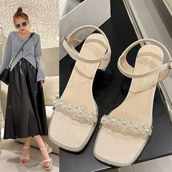 Новые квадратные босоножки с жемчужным принтом и прозрачной линией на высоком каблуке 2024 года, летние женские босоножки с кристаллами и темпераментом 35