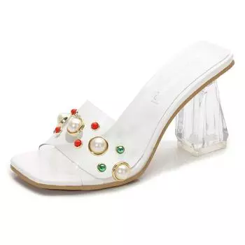 New square head thick heel women s sandals flat heel transparent large size rhinestone high heels elegant light street 35