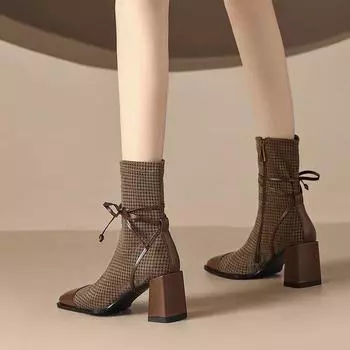 New Square Head Thousand Birds Martin Boots Women s 2025 Autumn Bow Thick High Heel Short Boots 35 чёрный