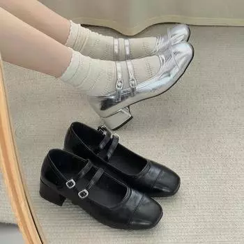 New Square Heels Mary Janes Round Toe Med Heels Flats Spring/Autumn Solid Color Women s Shoes Buckle Strap Fashion Ladies Shoes 35 чёрный