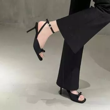 New square toe ankle strap silver satin bow high heel cool slippers thin heel open-toed women s sandals 35