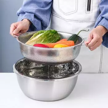 New Stainless Steel Drain Basket Colander Fruit Rice Vegetable Washing Basket Strainer Drainer with Handle Kitchen Storage Tools серебряный