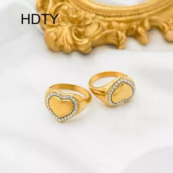 New stainless steel love inlaid zircon ring plated with 18k gold temperament high-end light luxury niche ring No. 6 золотой