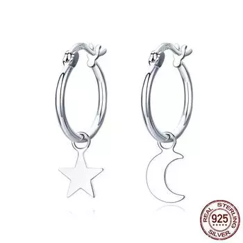 New Sterling Silver Earrings S925 Star and Moon Earrings Fashion Simple White Earrings