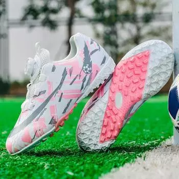 New strap-free girls and boys football shoes TF broken nails children s primary school students rotating button training sports shoes 28