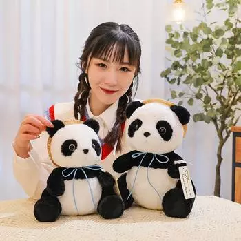 New Straw Hat Panda Plush Toy Simulation Fisherman Hat National Treasure Doll Doll Children s Furniture Ornaments Gifts 26cm 0.2kg