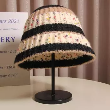 New striped basin hat women s autumn and winter warm knitted plush bucket hat versatile face small wool bucket hat M56-58cm