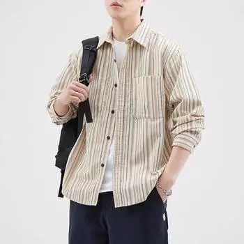 New Striped Shirt Men s Long-sleeved Tops Fashionable Versatile Shirt 2XL коричневый