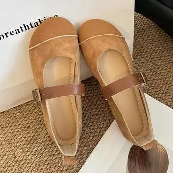 New Style Fashion Women s Loafers Suede Leather Women Shoes Retro Soft Sole Comfort Ballet Flats Korean Round Toe Casual Shoes 35 бежевый