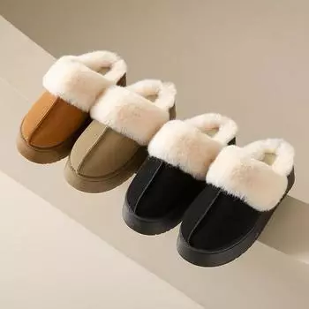 New Style Fashion Women s Snow Boots Fur Fur Slippers Female Wearing Baotou Flats Half Drag Thick Sole Cotton Shoes Women Boots 36 хаки