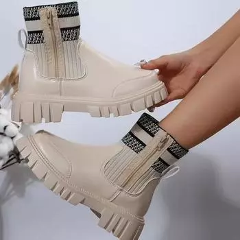 New Style Fashion Women Shoes High Quality Side Zipper Women s Boots Autumn Round Toe Mixed Colors Short Barrel Low Heel Boots 36 бежевый