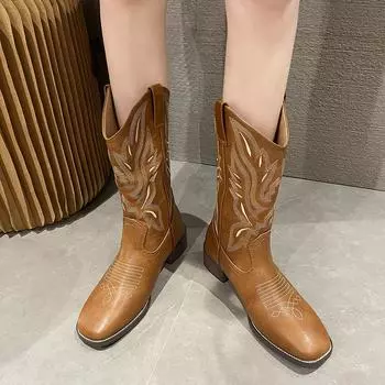 New Style High Boots Embroidery Retro Handmade Women s Boot Western Cowboy Pointed Toe Boot Hand Stitching Outdoor Women s Shoes 35