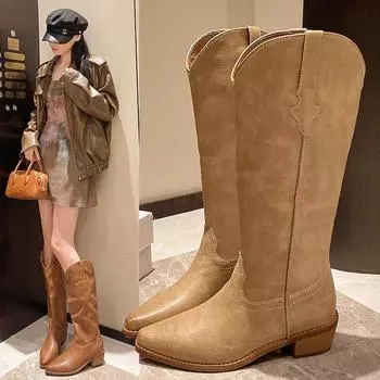 Новые стильные высокие каблуки до середины голени плиссированные сапоги для женщин осень-зима коричневые кожаные вестерн сапоги женские ковбойские сапоги на толстом каблуке 35 хаки