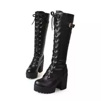 New Style Hot Sale Spring Autumn Lacing Knee High Boots Women Fashion White Square Heel Woman Leather Shoes Winter Large Size 43 34