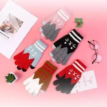 Новые стильные трикотажные теплые перчатки для сенсорных экранов для женщин с матовой внутренней частью и милым рисунком котенка, красивые и трогательные one size fits all