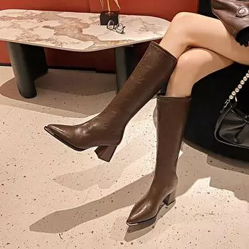 New Style Pointed Toe High Heel Long Boots Women s Autumn Winter Fashion Slim High Boots Comfortable Chunky Heel Knight Boots 34