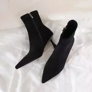 Новый стиль Женские ботильоны-носки с острым носком, Модная обувь на молнии сбоку, Осенне-зимние ботильоны на высоком каблуке для женщин 35