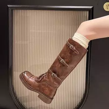 New Style Popular Buckles Fashion Street Riding Boots Cool Chunky Heels Knee High Motorcycles Boot Shoes for Women Zapatos Mujer 35 серый