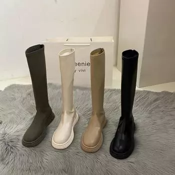 New Style Popular Fashionable Women s Rubber Boot Round Toe Shoes Sexy Thigh High Heels High Sexy Footwear Zipper Platform Boots 35 бежевый